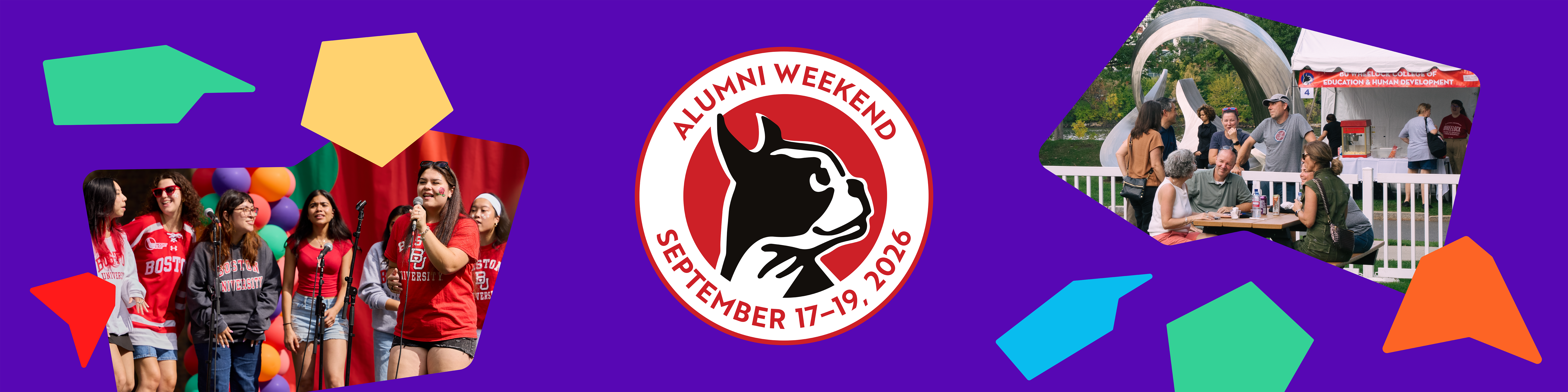Photos showing happy people at last year's alumni weekend against a purple background with the Alumni Weekend 2026 logo