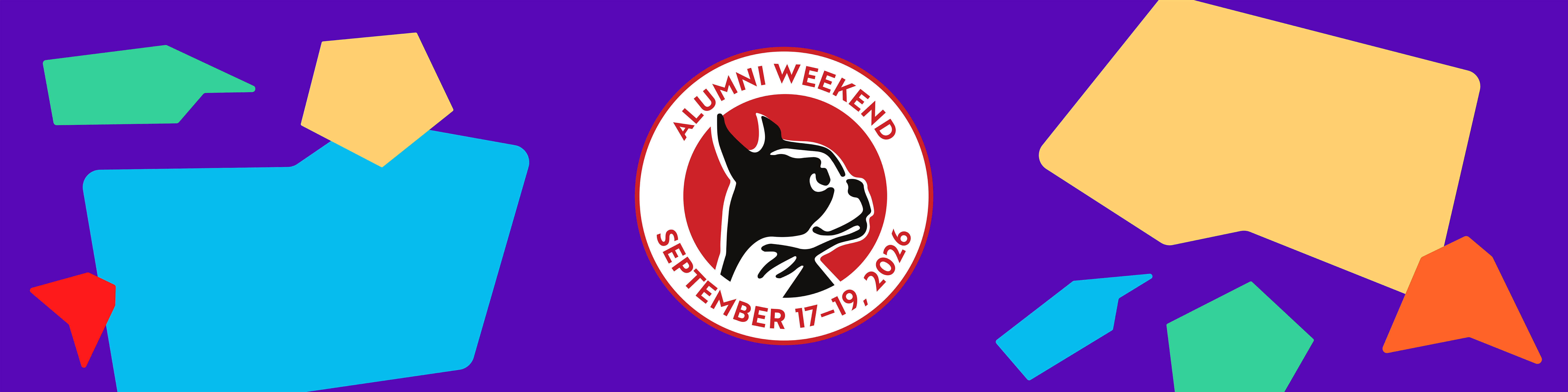 Photo showing Alumni Weekend logo with Rhett in the middle with against a purple background with red, blue, yellow, green and orange confetti shapes.