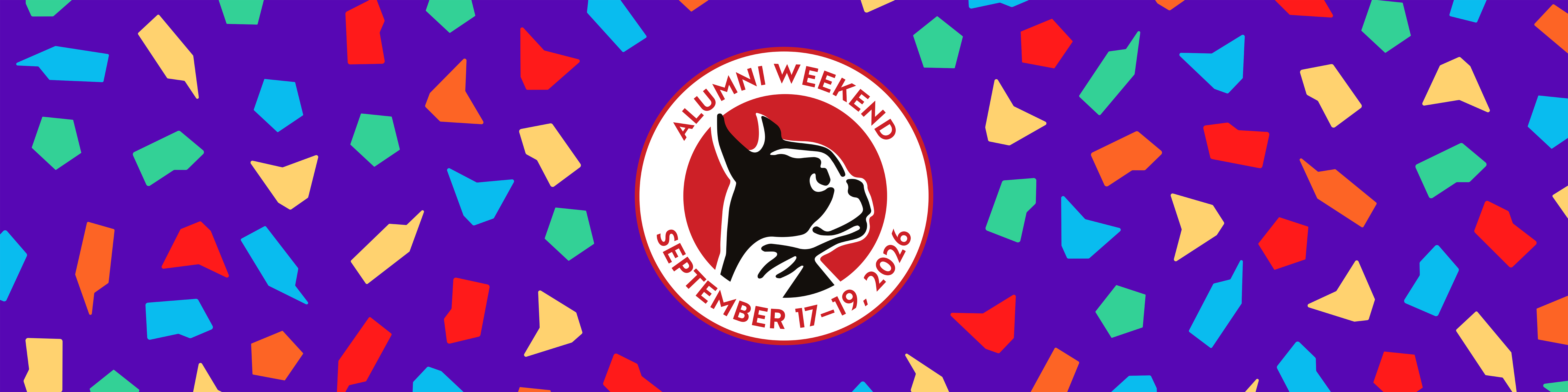 Red, green, and orange confetti shapes on a purple background with the Alumni Weekend 2025 logo